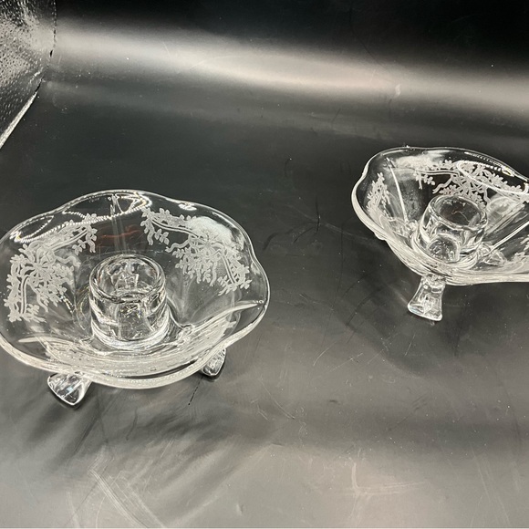 Fostoria June Clear American Glass Console Bowl Pair Candle Stick Holders - Picture 8 of 8